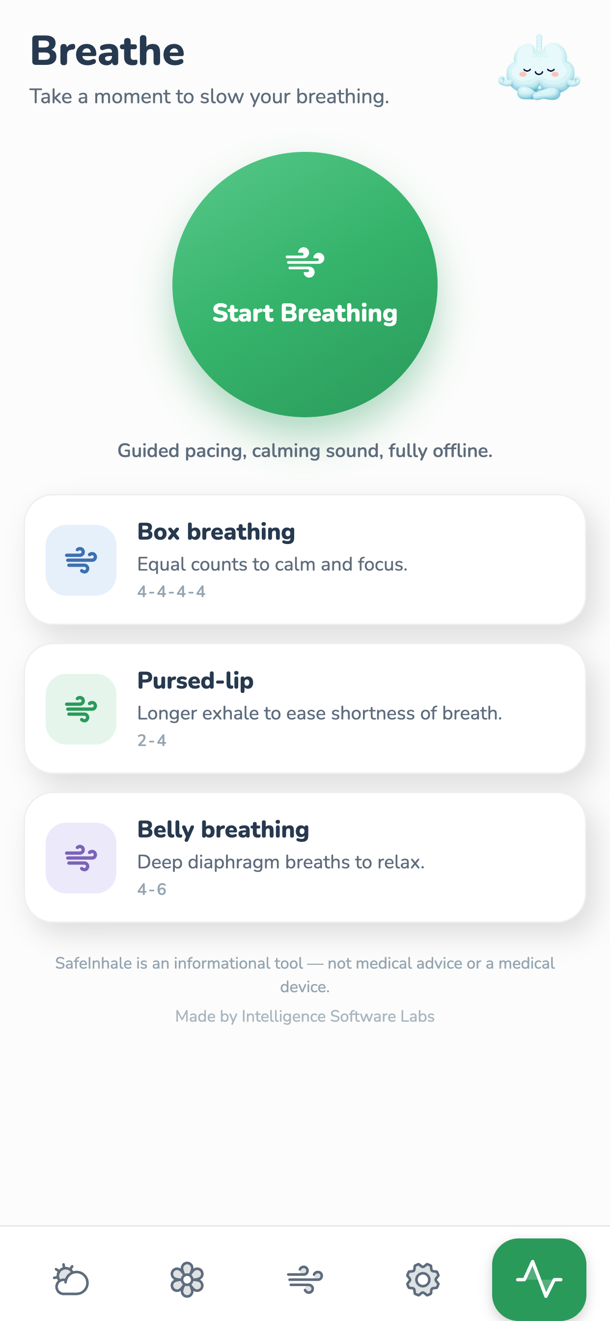 The SafeInhale Breathe screen — box, pursed-lip, and belly breathing exercises